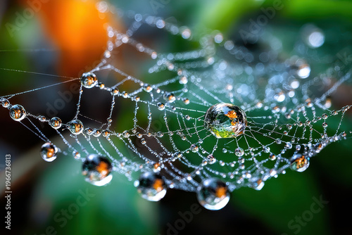 Close-up view of an intricate spider web adorned with droplets in a lush garden