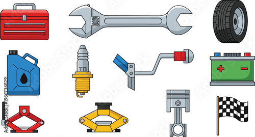 Car Repair and Mechanic Tools Icons Set Featuring Wrench, Tire, Battery, Spark Plug, Jack, and Repair Tools for Automotive and Garage Concepts