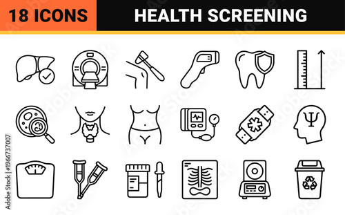 Medical Health Checkup and Diagnostic Screening Minimalist Geometric Line Art Set for Professional Clinical Laboratory and Wellness Database Indexing.