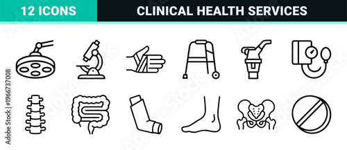Minimalist Healthcare and Medical Diagnostics Monoline Icon Set with Geometric Line Art for Professional Clinical Interface Design