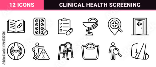 Medical Health Checkup Diagnostic Line Art; Minimalist Monoline Geometric Icons for Healthcare Patient Care and Hospital Services