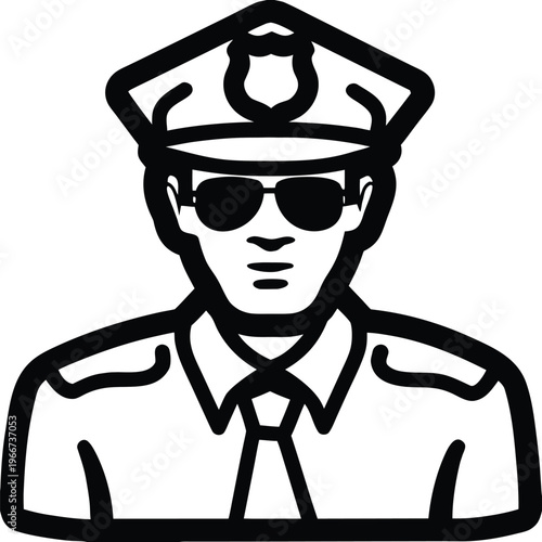Law enforcement officer avatar in official uniform with hat and stylish sunglasses vector icon