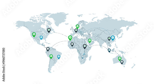 Global connections, world map, travel destinations, location markers