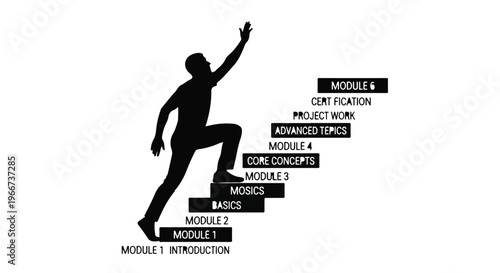 Silhouette of person climbing up stairs with modules, e-learning, online education, and personal growth concept, modern and dynamic