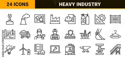 Heavy Industry and Manufacturing Monoline Outline Symbols for Engineering Blueprints and Technical Documentation with minimalist Aesthetic