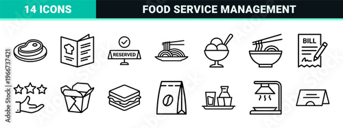 minimalist Restaurant and Fine Dining Monoline Icon Set featuring Geometric Line Art Symbols for Menus, Hospitality, and Food Service.