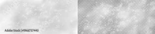 White snowflakes flying in the air on transparent background PNG. Falling snow flakes banner and winter snow background. Realistic cold flake elements for holiday season decoration.