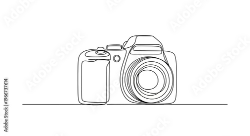 Minimalist Single Line Drawing of a Professional DSLR Camera on a White Background