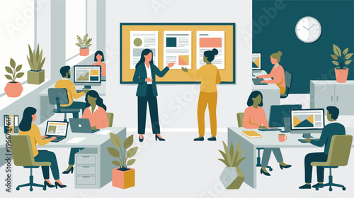 Modern office environment with diverse professionals collaborating and working