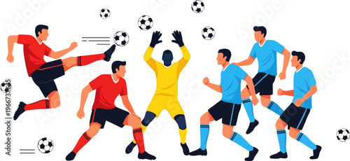 Soccer players action set with goalkeeper and strikers, football match vector characters in red and blue uniforms, athletic sports competition elements