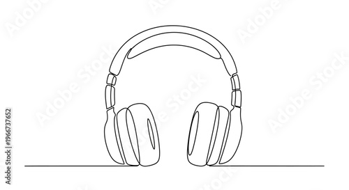Minimalist single line drawing of modern headphones, representing music, audio, and sound.