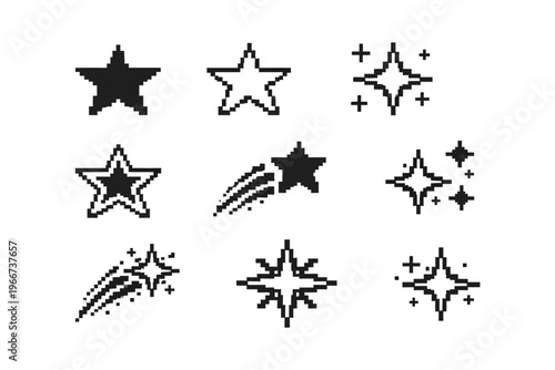 Creative pixel art styles of stars and shooting stars in black and white