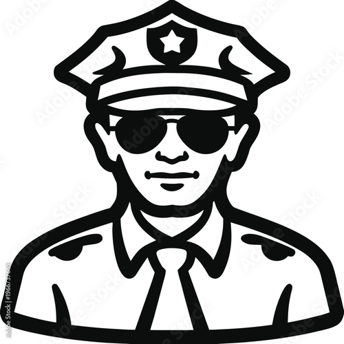 Outline illustration of a police officer with sunglasses and a star emblem on uniform hat