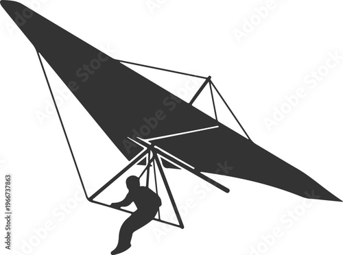 Hang glider pilot silhouette in flight, extreme sports adventure, aerial view, freedom and wind sport activity
