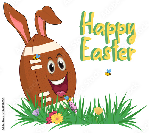 Cute cartoon american football with bunny ears and happy smiling face. “Happy Easter” text in green and yellow. Bees and colorful spring flowers with green grass at the bottom. Easter sports design