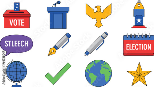 Election and Political Icons Set Featuring Voting Box, Pen, Eagle, Globe, Calendar, and Election Symbols for Democracy and Governance Concepts