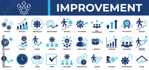 Improvement icon set collection. Containing individual, evolution, increase, selection, arrows, efficiency, profit .Solid vector icons collection
