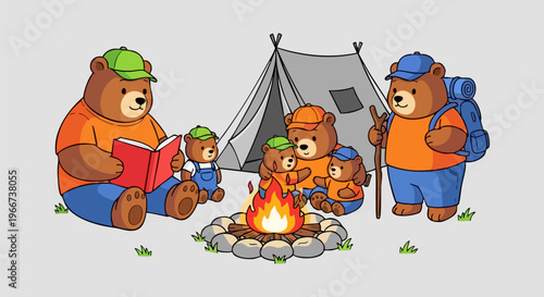 Cartoon bear family camping in nature, cute forest animals around campfire and tent, brown bear characters hiking and reading outdoors vector