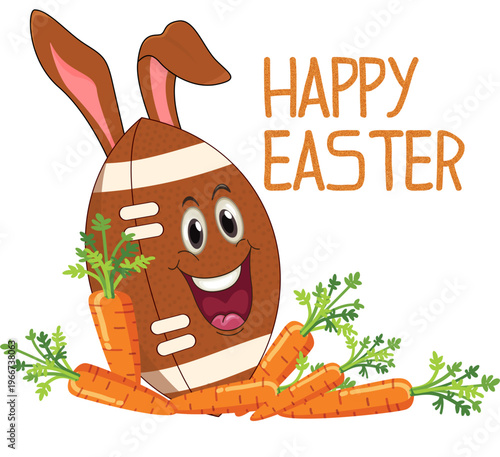 Happy cartoon american football character with bunny ears holding carrots. “HAPPY EASTER” text in orange glitter style. Fresh carrots with green tops around the ball. Cheerful Easter sports theme.