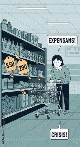 Woman pushing shopping cart in store.