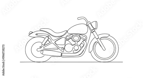 Classic Motorcycle Outline Drawing, Vintage Cruiser Bike, Black and White Vector Art