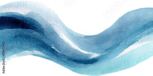Abstract watercolor wave element featuring deep indigo and aqua blue tones, providing a fluid brush stroke design and textural flow on a crisp white background