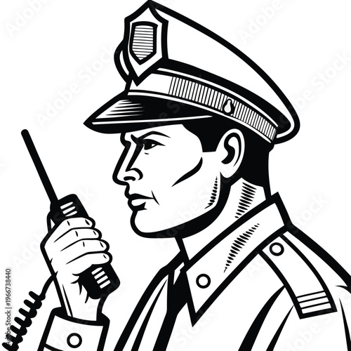 Professional security officer using a walkie talkie to maintain order and public safety