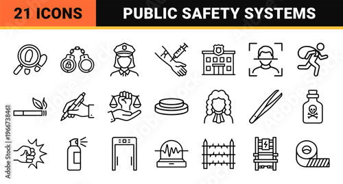 Law Enforcement and Criminal Justice minimalist Monoline Icon Set featuring Courtroom, Police, and Forensic Investigation Elements