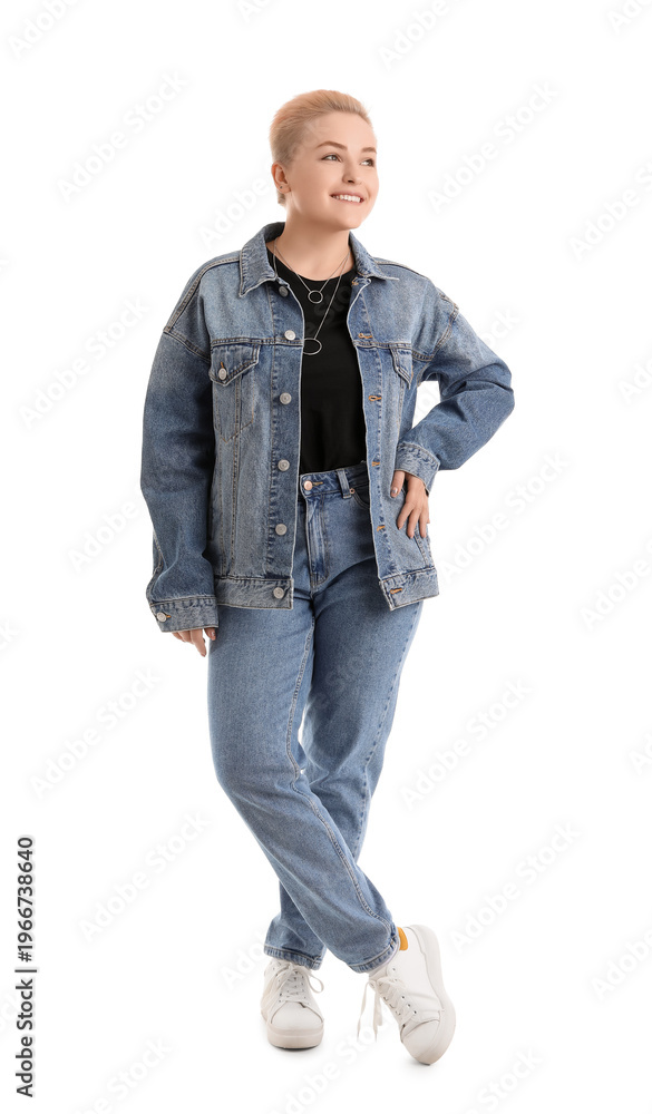 Fototapeta premium Young woman with short hair on white background