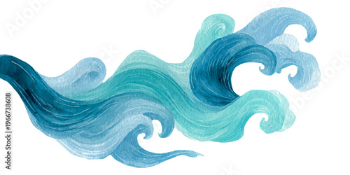 Flowing blue and turquoise watercolor waves creating abstract ocean art, depicting sea movement and fluid texture perfect for marine inspired designs