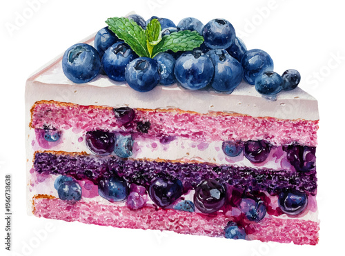 Slice of watercolor blueberry cake with pink sponge layers, creamy frosting and blueberry compote, topped with fresh blueberries and a mint leaf on white background