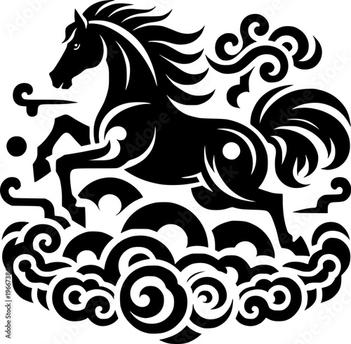 Majestic Horse Silhouette: An elegant black silhouette of a horse prances with vigor amid stylized cloud patterns, a symbol of freedom, grace, and strength.