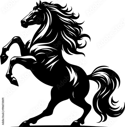 Majestic Horse Silhouette: An elegant and powerful silhouette of a rearing horse, its flowing mane and tail conveying a sense of untamed freedom and strength, with classic design.