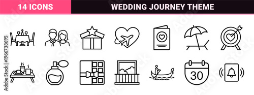 Honeymoon and Wedding Travel minimalist Monoline Icon Set featuring Romantic Geometric Line Art Symbols for Commercial Design Projects