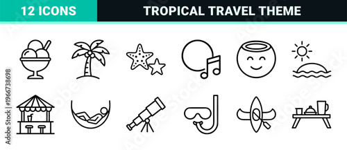 Summer Vacation and Tropical Travel minimalist Monoline Geometric Outline Symbols for Tourism Branding and Seasonal Interface Design