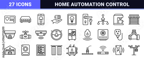 Smart Home Automation System Interface Line Art: minimalist Monoline Icons for IoT control, Security, and Energy Management Dashboards.