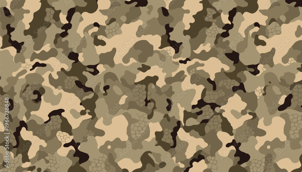 Naklejka premium Seamless camouflage reptile pattern desert camo texture vector background. Camouflage pattern blended with reptile skin texture. Unique hybrid design, fashion, streetwear, textile, printing, military.