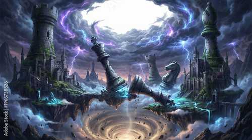 Fantasy Chess Game Ruins with Epic Storm and Lightning Atmosphere