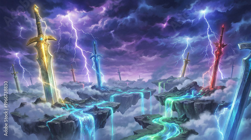 Fantasy Swords Floating Islands Thunderstorm Sky Lightning