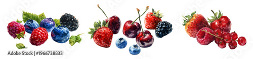 Watercolor collection of strawberries, raspberries, blueberries, cherries, blackberries and red currants on white background, vibrant summer harvest celebrating healthy, fresh fruit