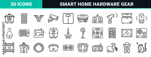 Smart Home Appliance Linear Icon Set featuring minimalist Geometric Outlines for Domestic Electronics and Kitchen Utility Hardware