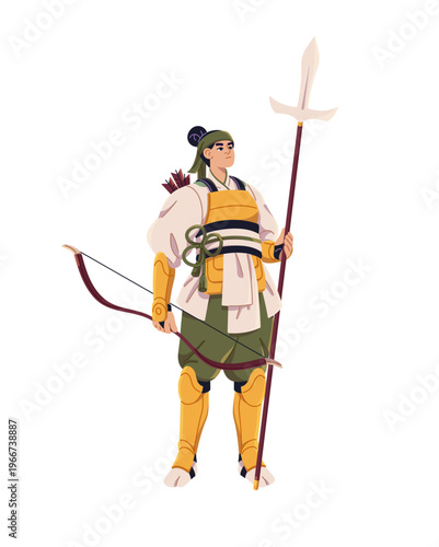 Japanese woman samurai with bow and spear. Onna bugeisha with weapon. Ancient girl soldier in traditional fighters clothing, ninja armour. Flat isolated vector illustration on white background