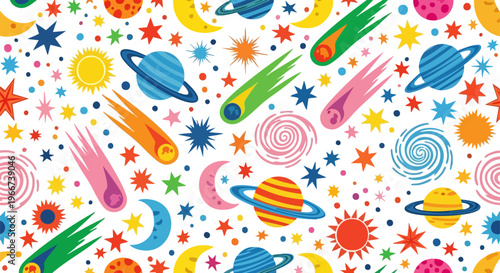 Colorful space seamless pattern with cartoon planets and stars, celestial galaxy background vector, whimsical universe wallpaper for kids nursery
