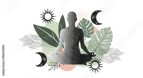 Mindful Meditation and Yoga Halftone Collage Vector Elements