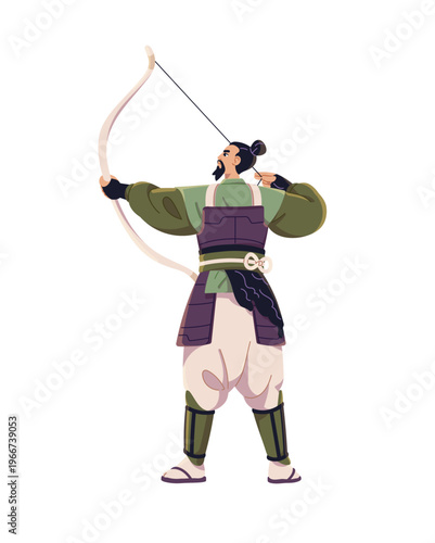 Samurai aims and shoots bow. Japanese warrior in fighters armor holds weapon with arrows. Ancient soldier archer of Japan pulls bowstring. Flat isolated vector illustration on white background