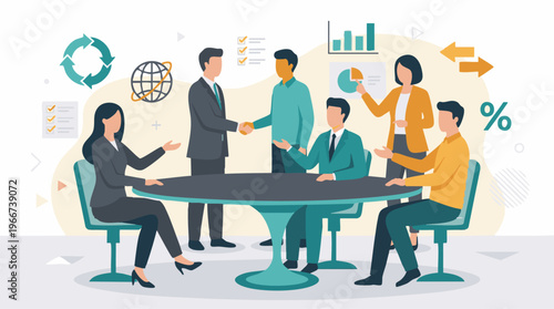 Business professionals collaborating in a meeting with various corporate icons