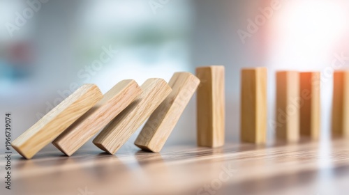 Wooden blocks falling in a row. Falling dominoes showing chain reaction. Business strategy concept for risk assessment, management and success. Disaster prevention and cause effect logic.