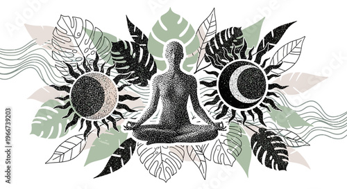 Mindful Meditation and Yoga Halftone Collage Vector Elements