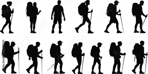 Hiker silhouette collection, trekking backpackers walking poses vector illustration, mountain hiking adventure travelers isolated outdoor exploration activity set