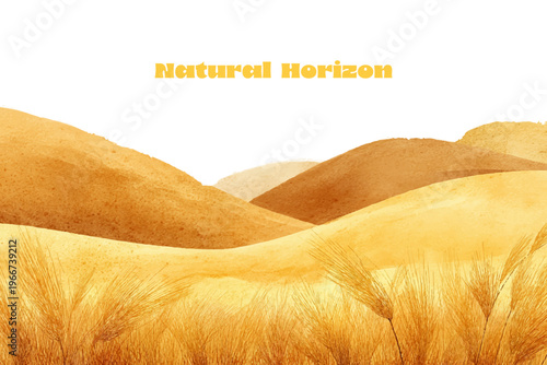Autumn harvest scene featuring watercolor wheat fields under blue sky with clouds. Ideal postcard background showcasing rural countryside meadows and distant mountain views.